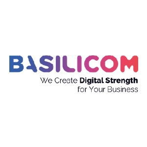Logo der Digitalagentur Basilicom. Schriftzug mit Farbverlauf von Blau zu Rot plus Zusatz We Create Digital Strength for your Business